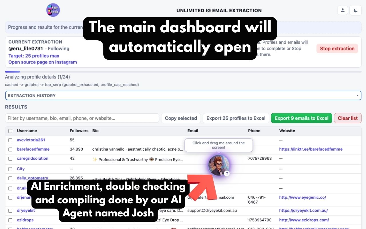 Step 3: Dashboard showing emails gathering in MegaLeadsAI